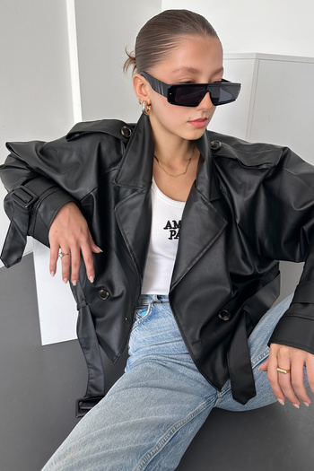 Lin Collection Women's Black Leather Short Trench Coat - Belt and Button Detail, Lined 3451- 23862386