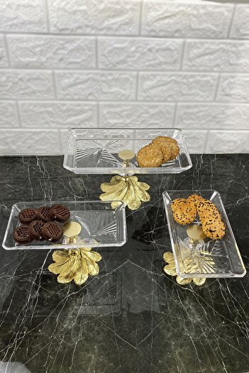 MAY HOME Kand Madlen Glass Serving Set 3 Pieces Glass Serving Rack with Metal Legs