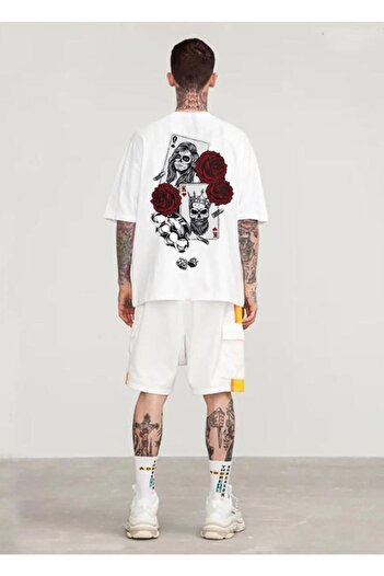 DEEPSENCE Men's Oversize T-shirt White Rose Back Print White