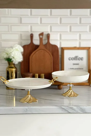 MAY HOME 2-Piece Porcelain Kand Footed Tableware with Handle Presentation Tray Plate Set & Appetizer Food Dessert Salad Presentation