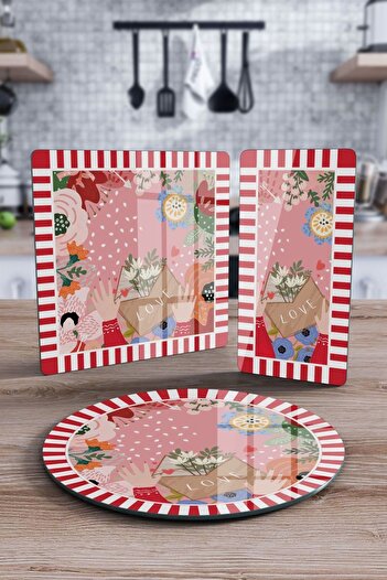 Decovetro Mixed Set of 3 - Glass Presentation Serving, Mixed Color Love Patterned Plate