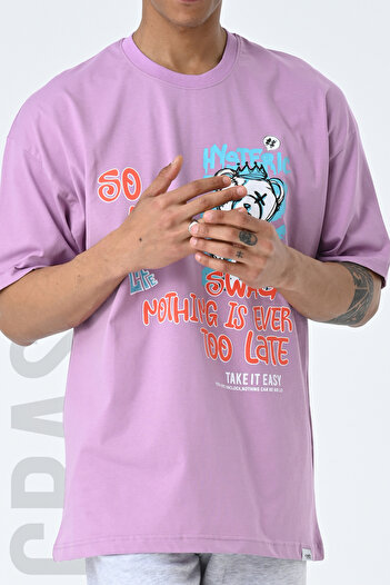 AMAZING CRASH Lilac Crew Neck Printed Oversize Fit Unisex T-shirt