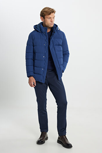 AC&Co / Altınyıldız Classics Men's Blue Hooded Collar - Standard Fit Coat with Side Pockets