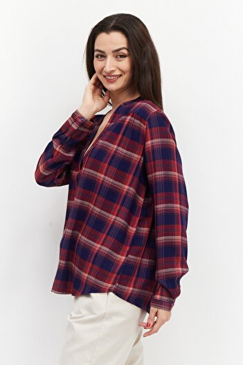 Esprit Women Split Neck Long Sleeve Plaid Blouse, Navy Blue/Rust