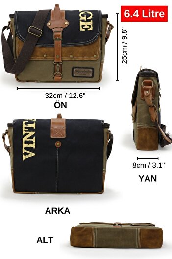 Cappadocia Vintage 4046 Училищно куфарче за лаптоп Antiochia Shoulder Postman Black Tan Водоустойчиво восъчно памучно платно