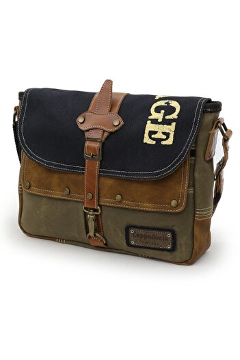 Cappadocia Vintage 4046 Училищно куфарче за лаптоп Antiochia Shoulder Postman Black Tan Водоустойчиво восъчно памучно платно