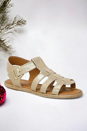 Ponchiq Gold Color Three-Stripes Sandals for Girls
