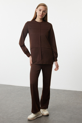 Trendyol Modest Žebrovaný hnědý oversize pletený set - Tctaw25us00113