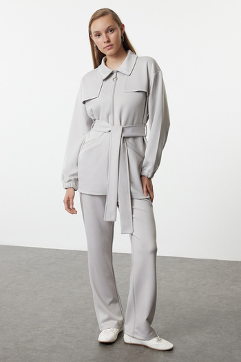 Trendyol Modest Knitted Gray Top and Bottom Set - Zippered Tctaw25us00083