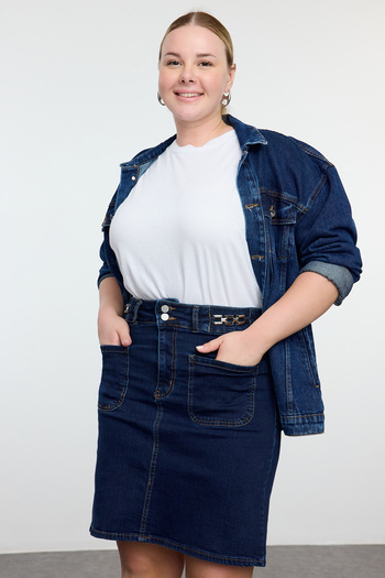 Trendyol Curve Plus Size Dark Blue Denim Skirt - Accord Detailed