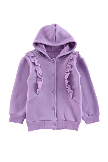 TRENDYOLKIDS Girl's Lilac Cotton Ruffle Hooded Cardigan - Tkdaw25Hi00004