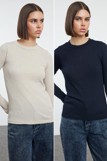 Trendyol Collection Crew Neck Navy Blue-Stone Knitted Blouse 2 Pack - TWOAW25BZ00066