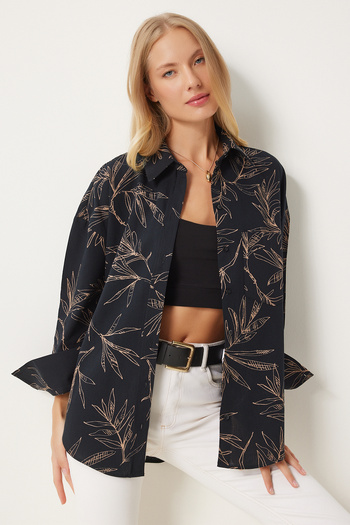 Happiness İstanbul Black Poplin Patterned Women's Shirt Hm00064