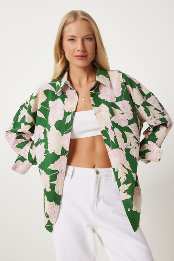 Happiness İstanbul Green Patterned Women's Poplin Shirt - Hm00064