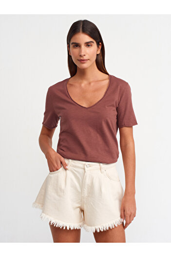 Dilvin 30816 T-shirt με λαιμόκοψη σε σχήμα V-Καφέ