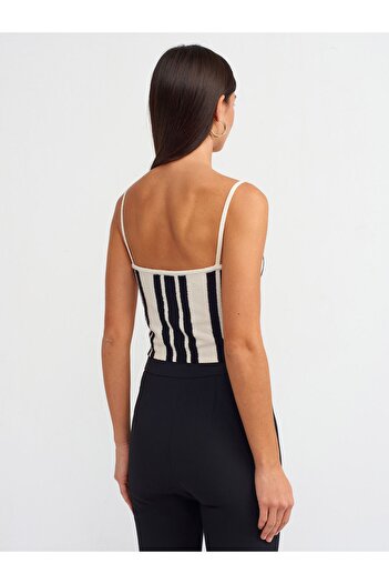 Dilvin 10572 Model V-Neck Striped Strap Knitwear Top - Ecru Black
