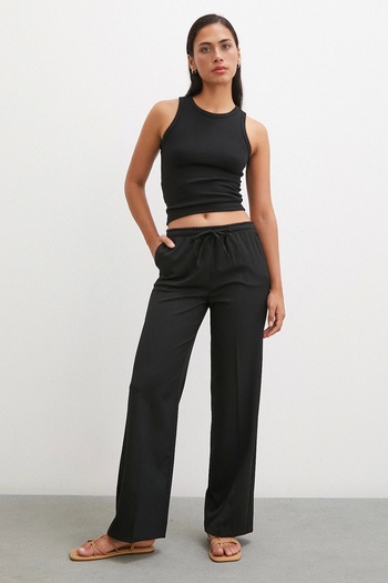Never more Black Elastic Wide Leg Trousers