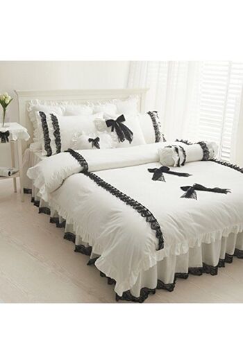METİNEV Black Tulle Frilly White Cotton Satin Duvet Cover Set
