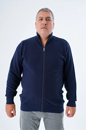 Trist Star Men's Large Size Navy Blue Knitwear Cardigan - Zippered, Stand Collar, 100% Cotton - Trist-2114