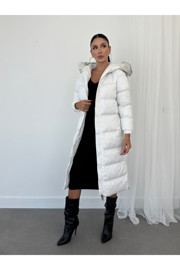 Black Sokak White Fur Coat - Hooded, Double Pocket, Zipper and Snap Closure