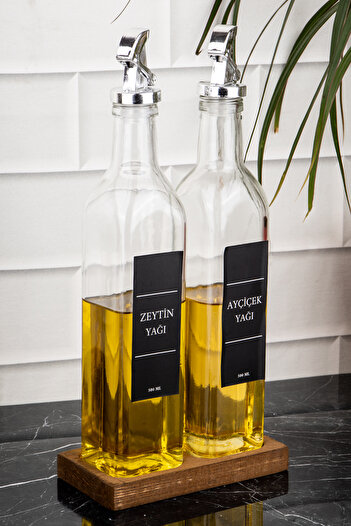 DNS HOME 500 ml Glass Oil Pot Set with Wooden Stand - Sunflower and Olive Oil Bottle