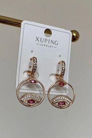 senfonijewelry Xuping Gold Colored Pink Jewelled Eye Detailed Earrings