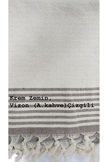 Coperta Battal Boy Kolları Örten Pamuklu Krem Zemin Vizon Çizgili Koltuk Örtüsü Takımı 3 3 1 1