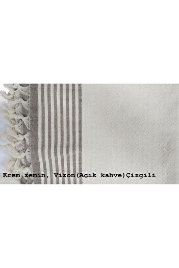 Coperta Battal Boy Kolları Örten Pamuklu Krem Zemin Vizon Çizgili Koltuk Örtüsü Takımı 3 3 1 1