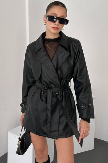Lin Collection Black Leather Women's Trench Coat - Intermediate Length, Belted Pocket, Buttoned, Back Detail E3451-2377