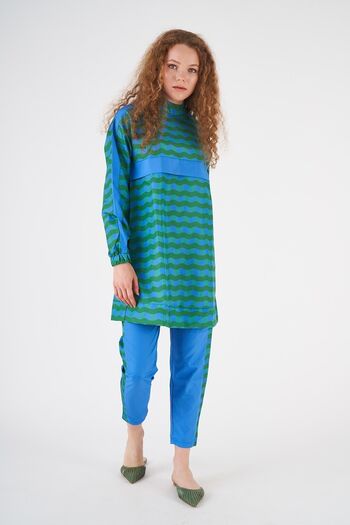 Mevra Costum de baie scurt hijab albastru verde - model ondulat