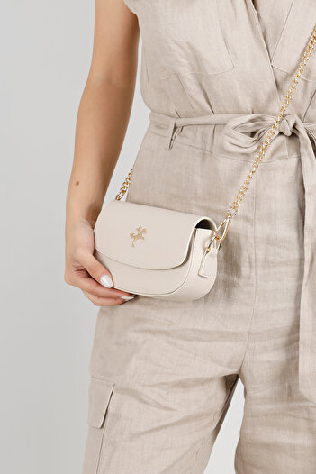 Getcho Redonda Women's Cream Mini Handbag, Crossbody Bag Chain Detailed Faux Leather Lightweight Simple, Stylish Daily Bag