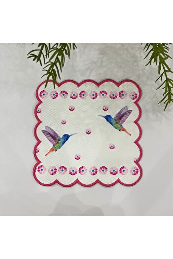 DECO Digital Printed Blue Pink Bird - Pink Embroidered Decorative Cocktail Napkins