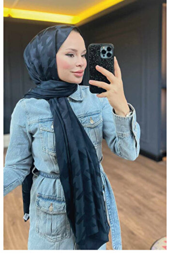 VALORSCARF AKŞAM MAVİSİ KAZAYAĞI DESEN İPEKSİ JAKAR ŞAL
