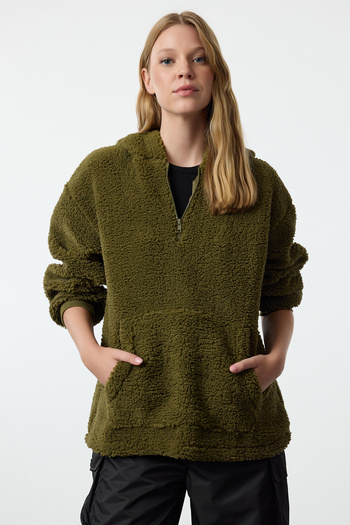 Trendyol Collection Oversize Khaki Plush Knitted Sweatshirt - Zippered and Hooded TWOAW25SW00096