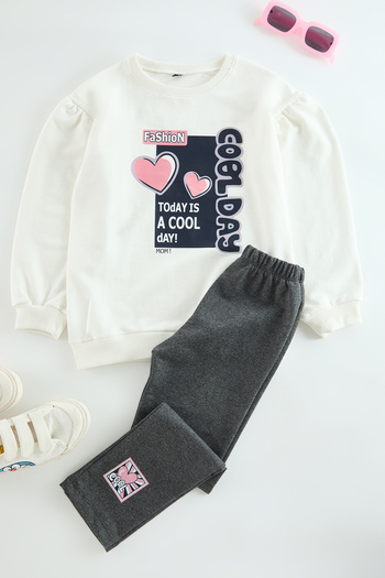 TRENDYOLKIDS Ecru Cotton Crew Neck Girl's Set - Tkdaw25Au00063