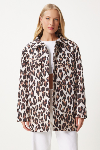 Happiness İstanbul Dámská bunda Puffer s leopardím vzorem černá béžová - Nt00432