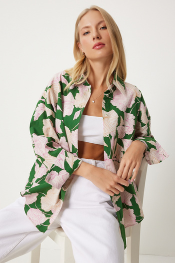 Happiness İstanbul Green Patterned Women's Poplin Shirt - Hm00064