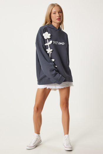Happiness İstanbul Gray Floral Detailed Hooded Women's Sweatshirt - Vn00010