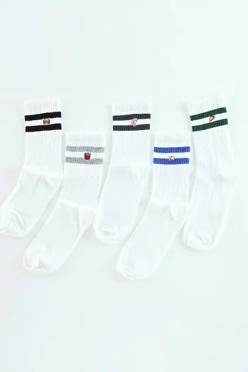 Trendyol Collection Unisex Ecru 5-Piece Embroidered Cotton Striped College Tennis Medium Socks Set - Tmnaw25Co00022
