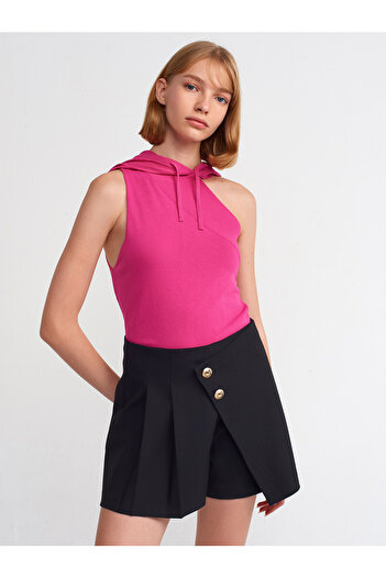 Dilvin 10336 One Shoulder Hooded Blouse-Fuchsia