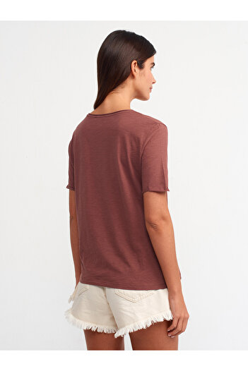 Dilvin 30816 T-shirt με λαιμόκοψη σε σχήμα V-Καφέ