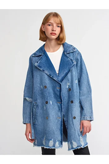 Dilvin 65336 Denim-Trenchcoat mit Metallknöpfen – Blau
