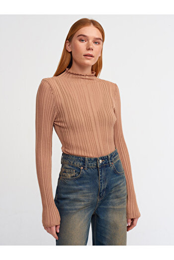Dilvin 10497 Pulover cu guler transparent cu snur Camel