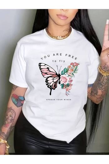Pink Sky Butterfly Pattern Large Size T-shirt