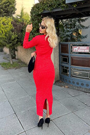 For Angels Red Glittered Double-breasted Knitwear Dress