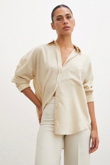 Never more Beige Colored Pocketed Striped Shirt