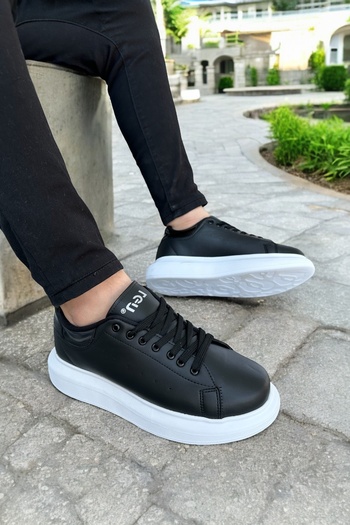 Laguna Men's Black Sneakers - Lace-Up, Leather Look, Thick White Sole,