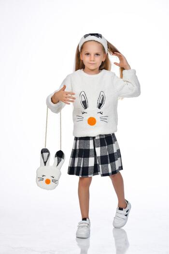 Kamex Girl's Plush Plaid Skirt Set - Bag and Bandana Accessory, White Black