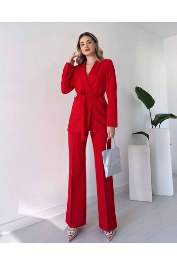 Moda İkra Belted Blazer Jacket and Wide Leg Trousers Set - Women