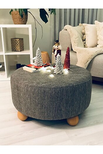 WEBPANYA Gürgen Ahşap Ayak Xlarge Oturma Alanı Dekoratif Kete Gri Kumaş Pofidik Puf Bench Orta Sehpa